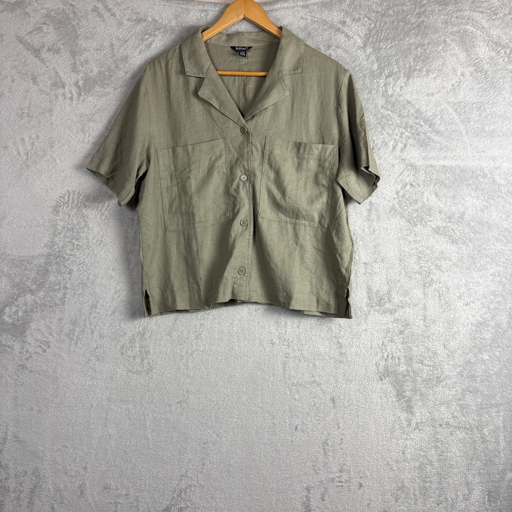 Buffalo David Shirt Linen Blend Short Sleeve Medium Green Camp Collar Top